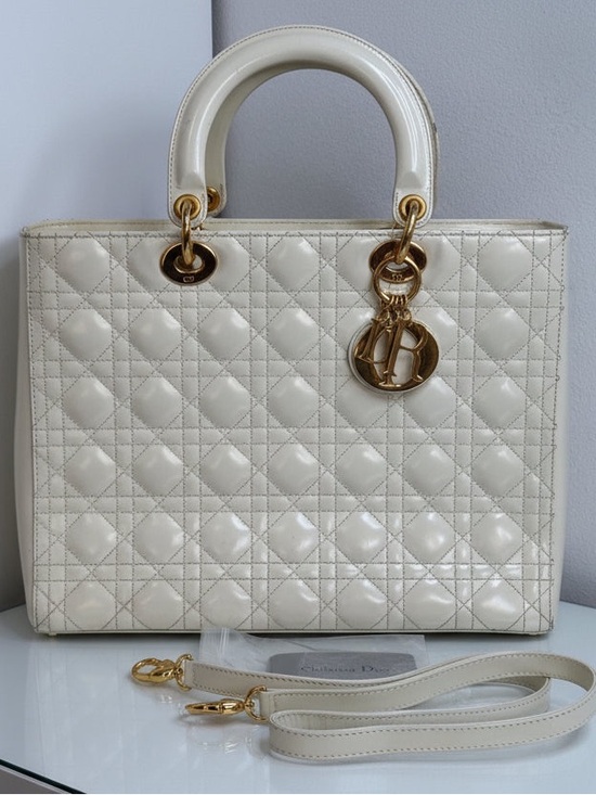 Dior Handbags - Christian Dior Vintage Lady Dior Large Cream Patent Leather Handbag